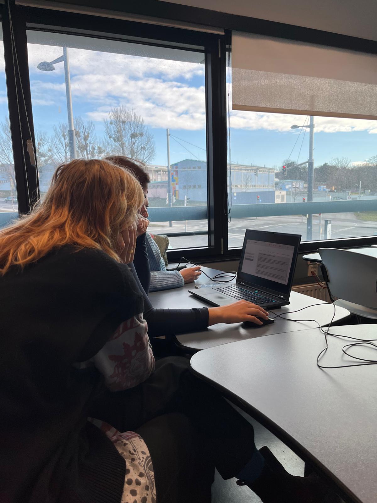 Zwei Studierende arbeiten gemeinsam an einem Laptop